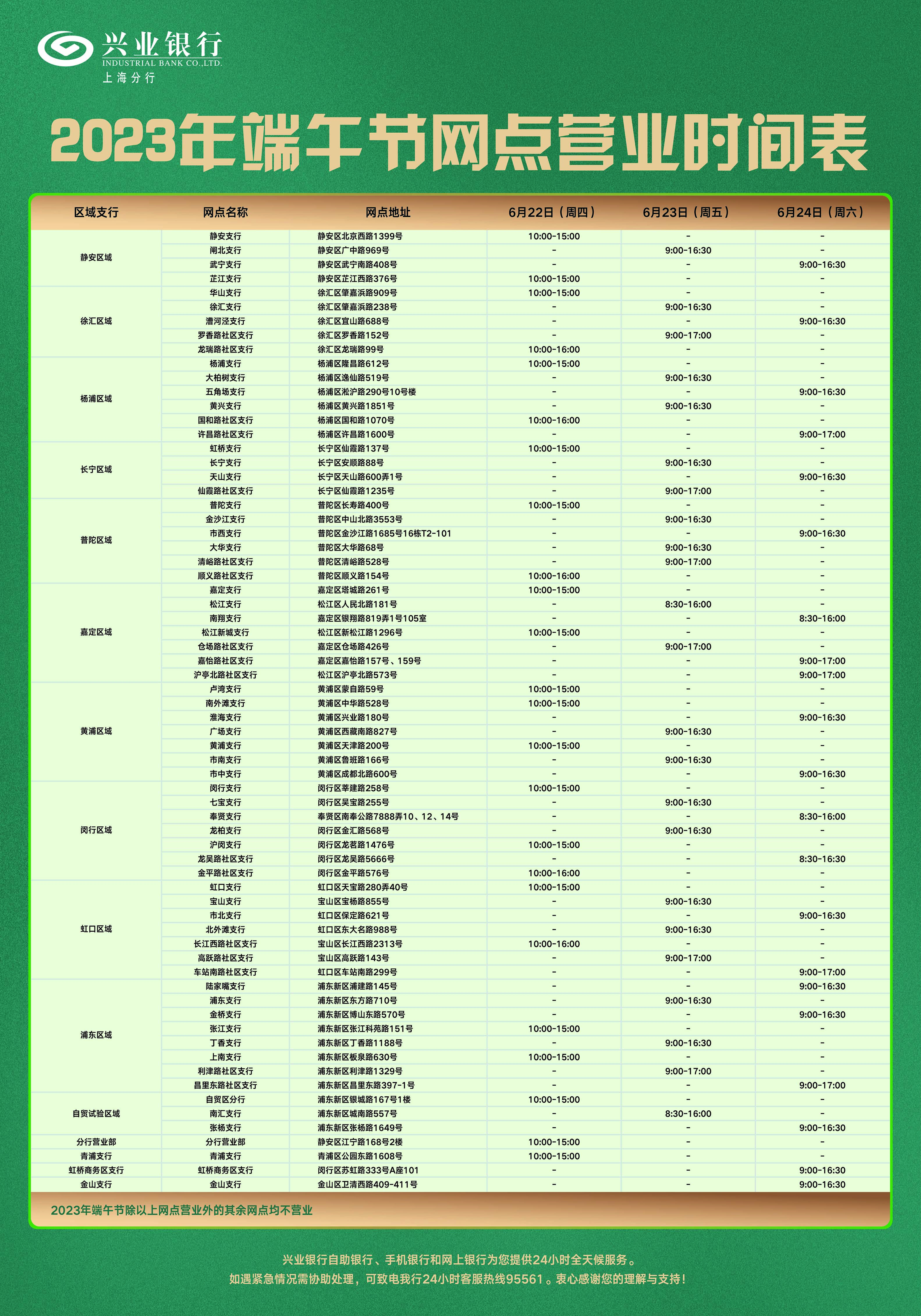 兴业银行上海分行2023年端午节网点营业时间表